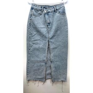 Light Wash Denim Midi Skirt Sz S Asymmetrical Waist Raw Hem Y2K Grunge